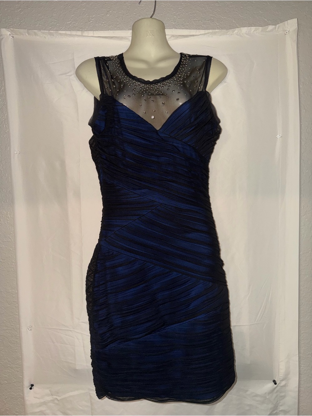 BCBGMaxAzria Navy and Black Sheer Beaded Yoke Mini Dress